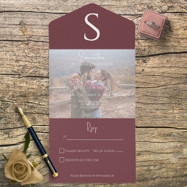 Monogram Modern Foto Burgundy Wine No Dinner All In One Einladung (Von Creator hochgeladen)