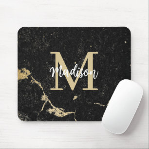 Monogram Modern Gold Black Marble Mousepad