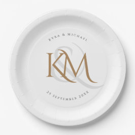 Monogram Modern Gold Script Elegant White Wedding Pappteller