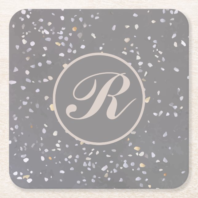 Monogram Modern Gray Terrazzo Rechteckiger Pappuntersetzer (Vorderseite)