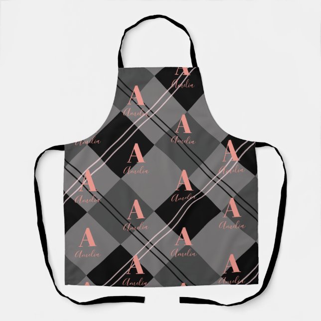 Monogram Modern Kariert Grau Black Pink Schürze (Vorderseite)