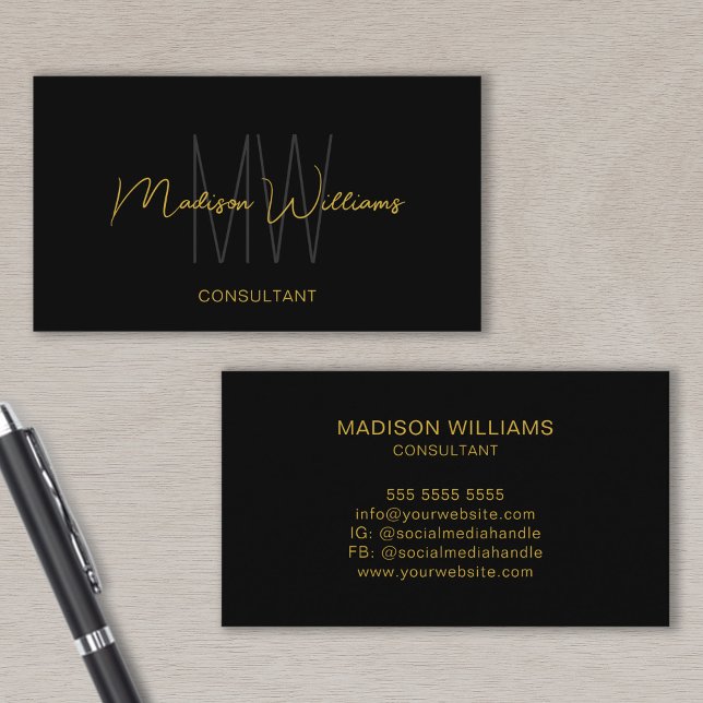 Monogram Modern Logo Name Black Gold Consultant Visitenkarte (Monogram Modern Logo Name Black Gold Consultant Business Card)