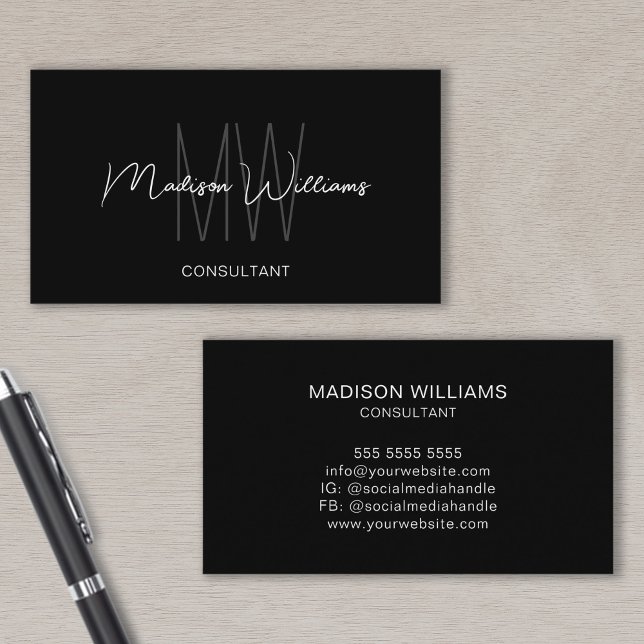 Monogram Modern Logo Name Schwarz-weiß Consultant Visitenkarte (Monogram Modern Logo Name Black White Consultant Business Card)