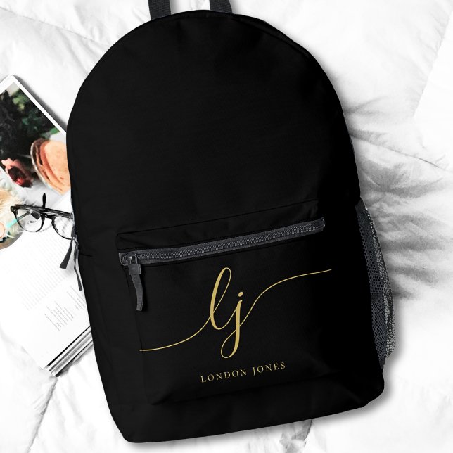 Monogram Modern Minimal Black Gold Initials Bedruckter Rucksack (Von Creator hochgeladen)