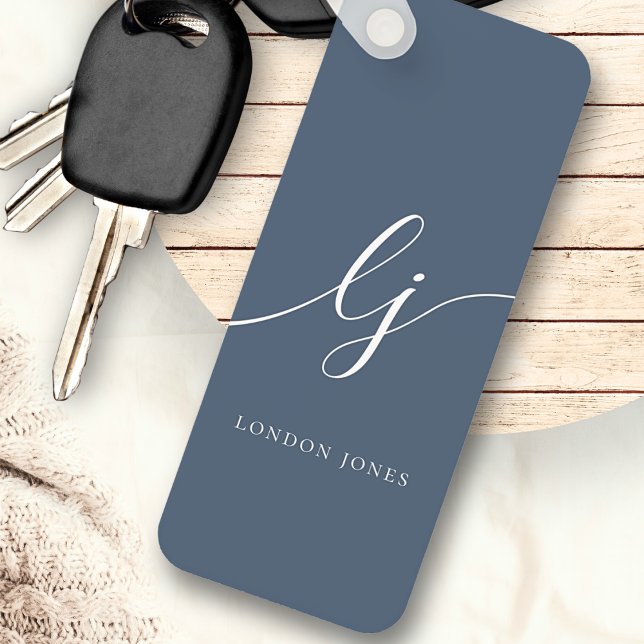 Monogram Modern Minimal Elegant Navy Blue Script Schlüsselanhänger (Von Creator hochgeladen)