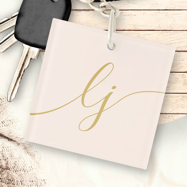 Monogram Modern Minimal Elegante Blush Gold Script Schlüsselanhänger (Von Creator hochgeladen)