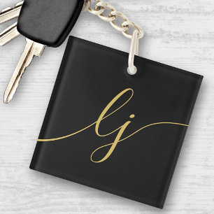 Monogram Modern Minimal Elegantes Black Gold Scrip Schlüsselanhänger