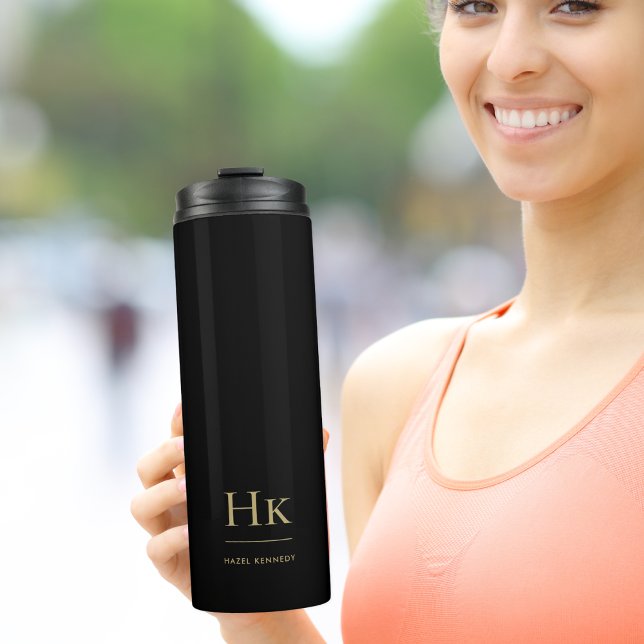 Monogram Modern Minimal Simple Classic Black Gold Thermosbecher (Von Creator hochgeladen)