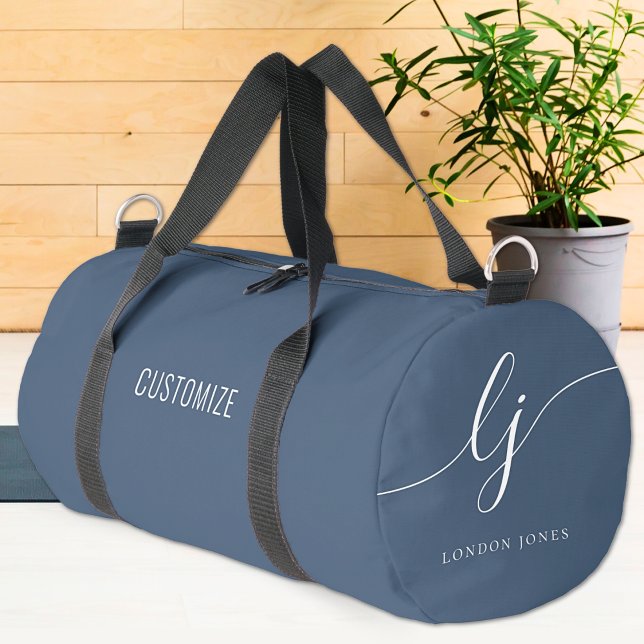 Monogram Modern Navy Blue White Elegant Script Duffle Bag (Von Creator hochgeladen)