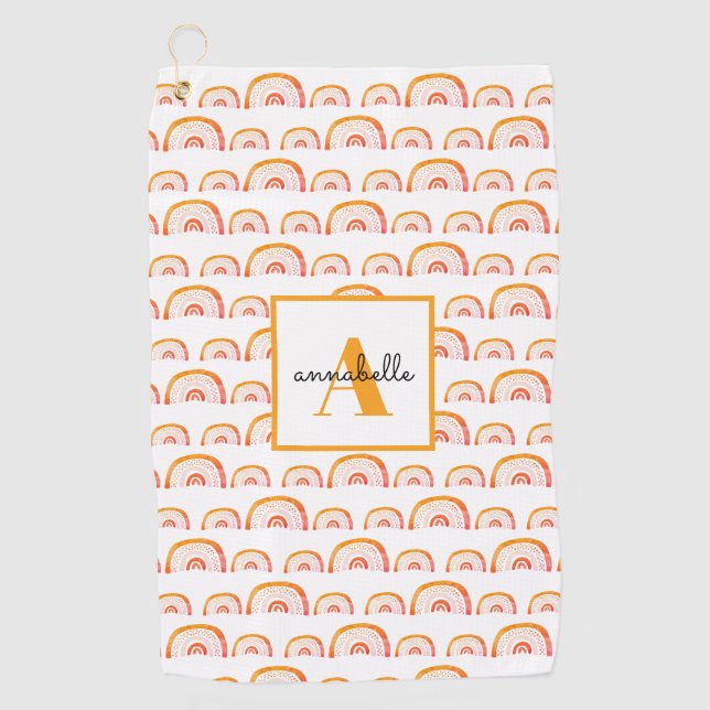 Monogram Modern Orange Watercolor Rainbow Golfhandtuch (Vorderseite)