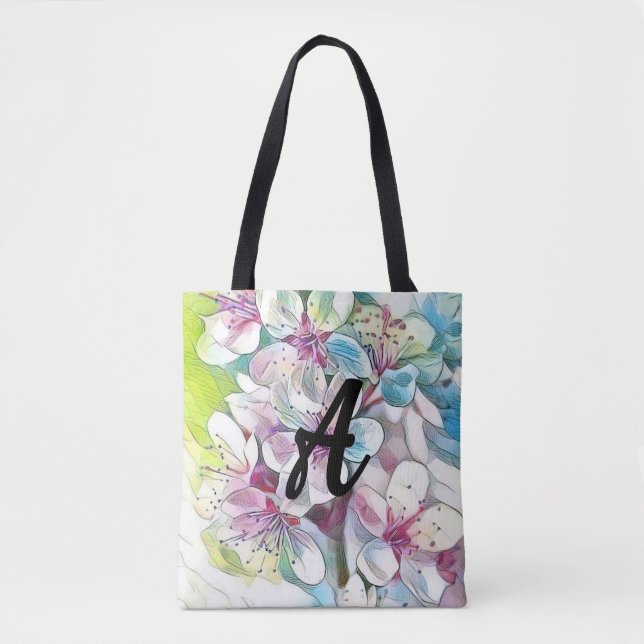 Monogram Modern Pink Cherry Blossom Wasserfarbe Tasche (Vorderseite)