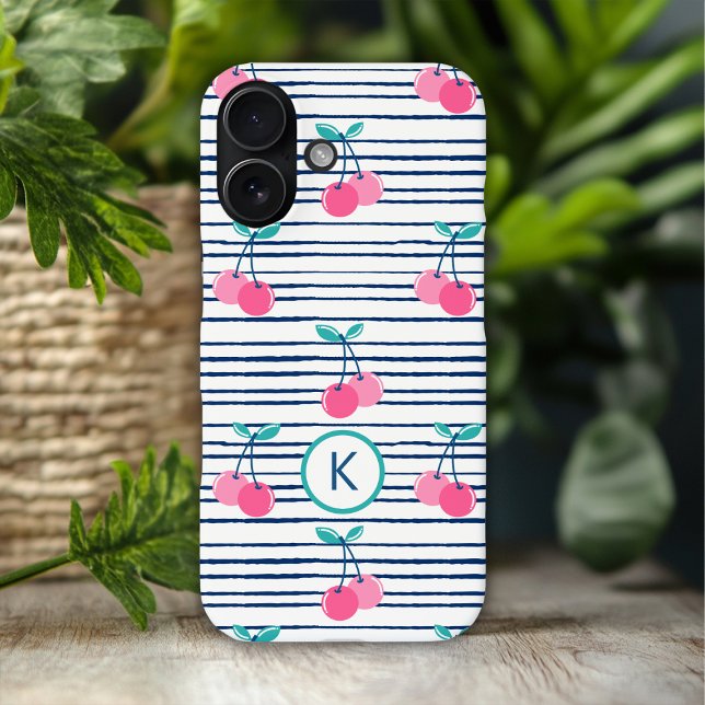 Monogram Modern Pink Cherry Preppy Girl iPhone 16 Hülle (Von Creator hochgeladen)