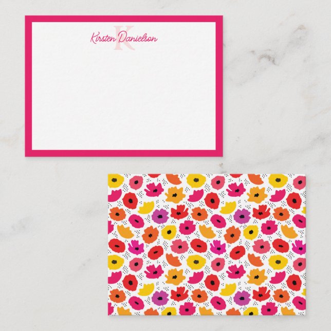 Monogram Modern Poppy Floral Muster Name Mitteilungskarte (Vorne/Hinten)