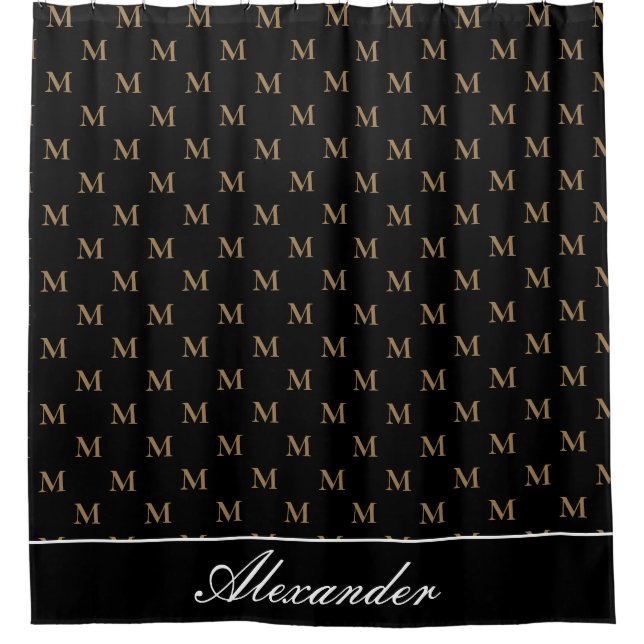Monogram Modern Schwarz-weiß Gold Elegant Duschvorhang (Vorderseite)