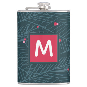 Monogram Modern Spruce and Berries Custom Holiday Flachmann