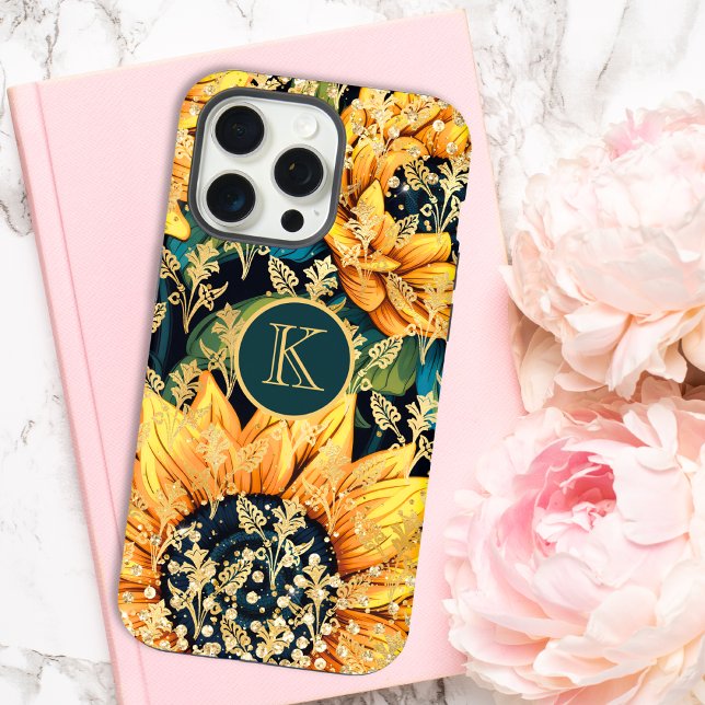Monogram Modern Sunflower Glitzer Personalisiert iPhone 15 Pro Max Hülle (Von Creator hochgeladen)