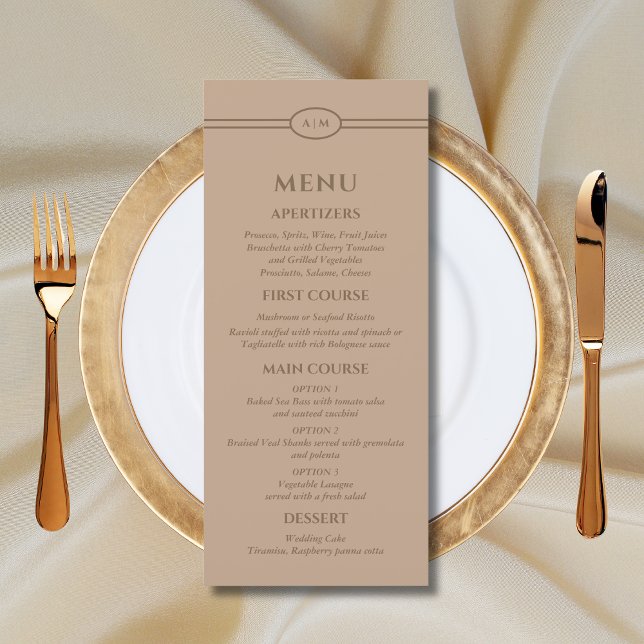 Monogram Modern Taupe Christian Wedding Menu Menükarte (Von Creator hochgeladen)