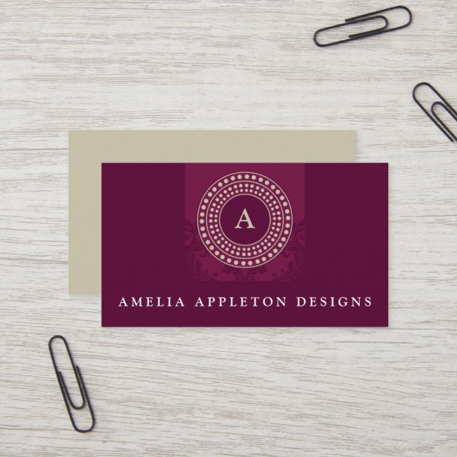 MONOGRAM moderne, elegante Rotormaroon taupe Visitenkarte (Vorderseite/Rückseite Beispiel)