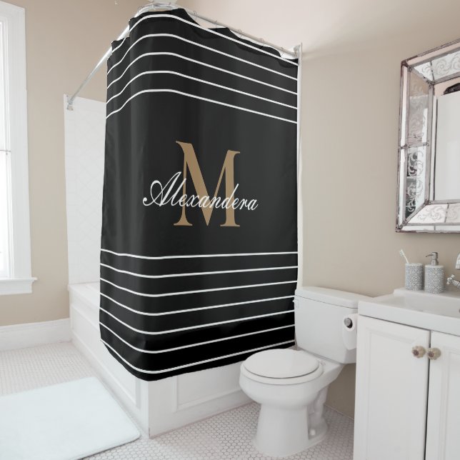 Monogram Moderne Schwarz-weiße Gold Elegante Strei Duschvorhang (Beispiel)