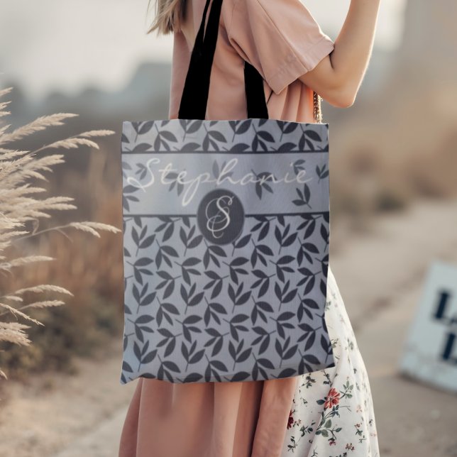 Monogram Modernes botanisch-blaues Tote Bag Tasche (Von Creator hochgeladen)