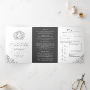 Monogram Mono Blätter Hochzeit All-in-one Dreifach Gefaltete Einladung