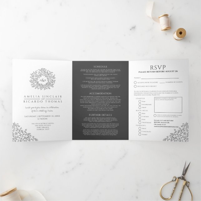 Monogram Mono Blätter Hochzeit All-in-one Dreifach Gefaltete Einladung (Innenseite)