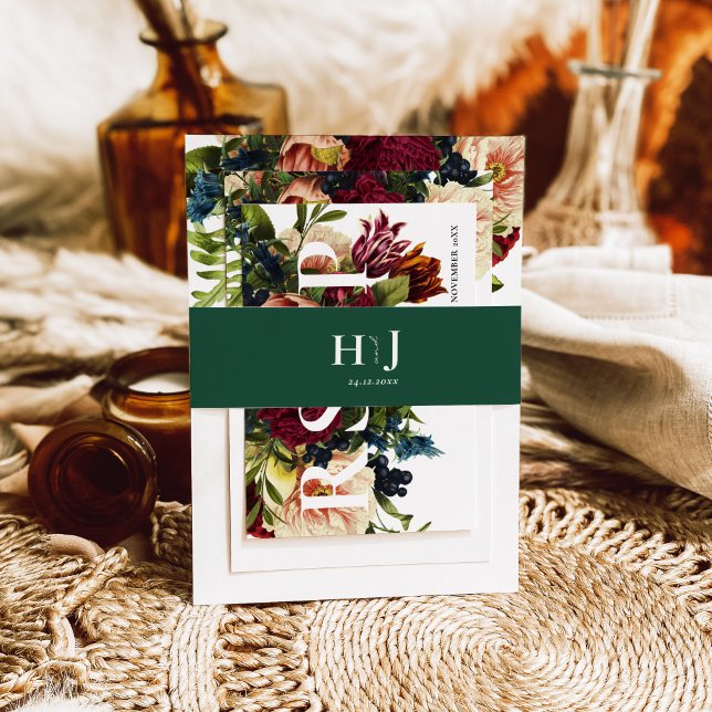 Monogram Moody Burgundy Emerald Green Wedding Einladungsbanderole (Von Creator hochgeladen)