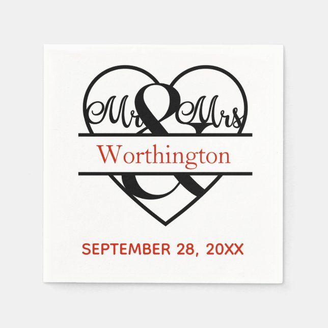 Monogram Mr. and Mrs Red Black Wedding Serviette (Vorderseite)