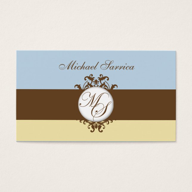 Monogram MS Brown Damask Blue Cream Geschenk Tag (Vorderseite)