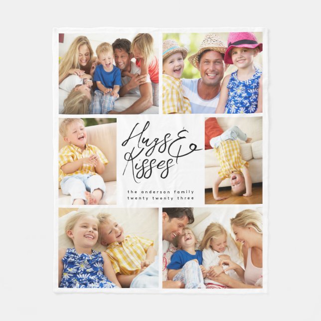 Monogram Multi Foto Collage Hugs & Kisses Fleecedecke (Vorderseite)