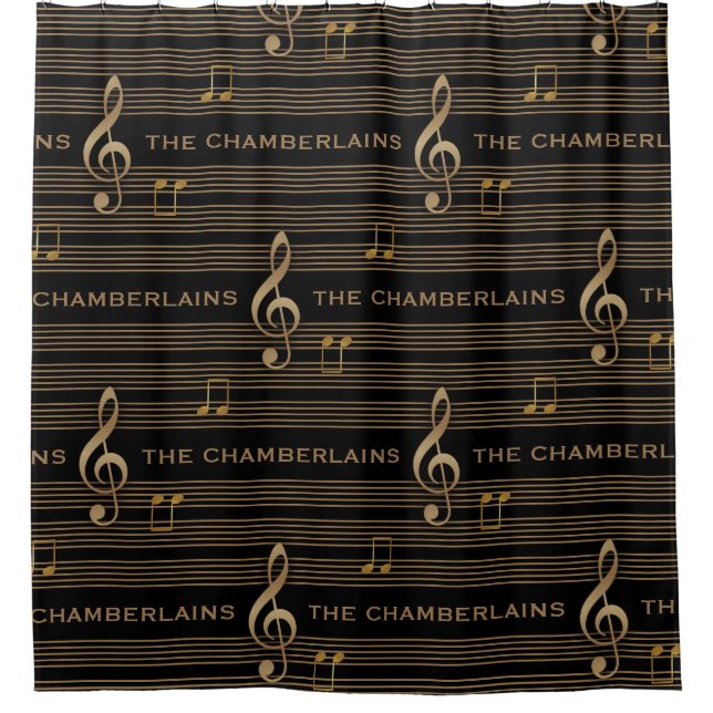 Monogram Muted Gold Treble Clef and Notes Duschvorhang (Vorderseite)