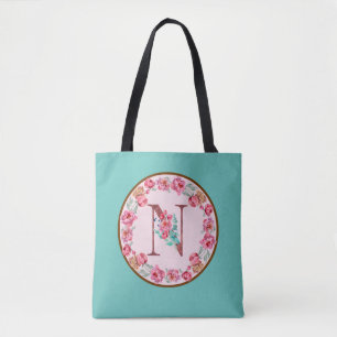 Monogram N Letter with Peony Blume Image Toag Tasche
