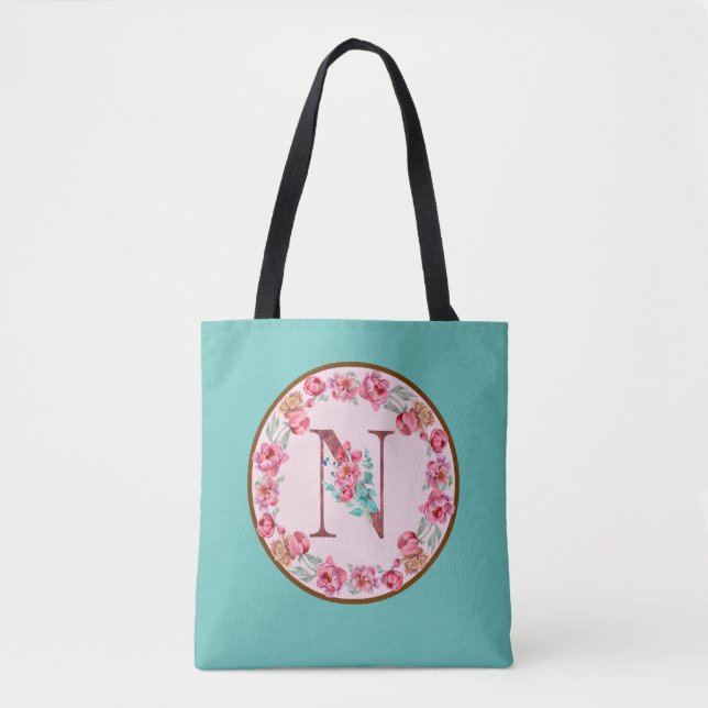 Monogram N Letter with Peony Blume Image Toag Tasche (Vorderseite)