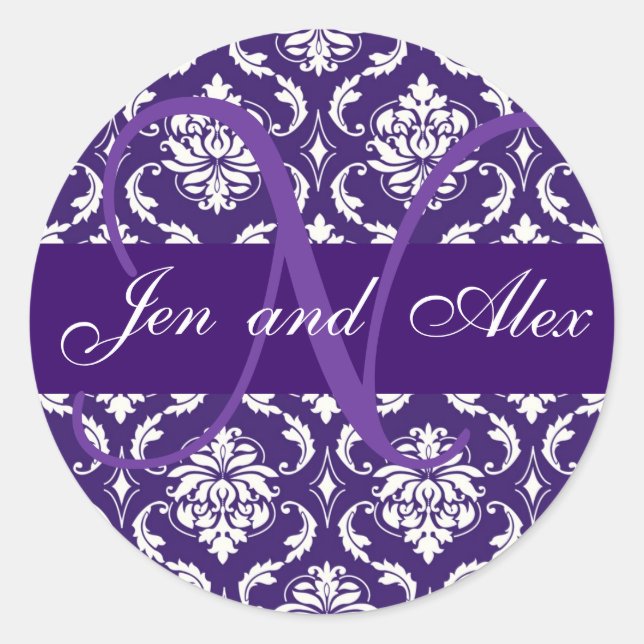 Monogram N Lila Damask Wedelsticker Runder Aufkleber (Vorderseite)
