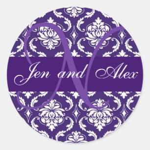 Monogram N Lila Damask Wedelsticker Runder Aufkleber