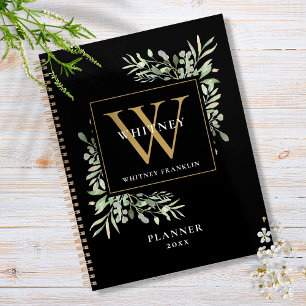 Monogram Name 2023: Black and Gold Greenery Blätte Planer