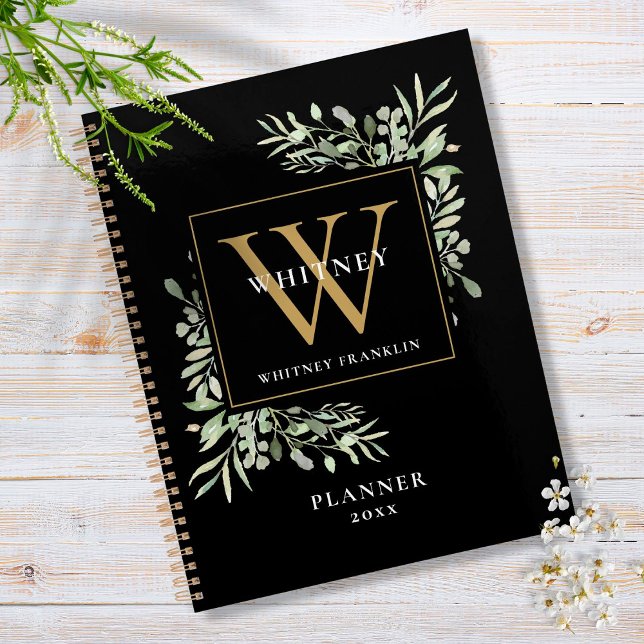 Monogram Name 2023: Black and Gold Greenery Blätte Planer (Von Creator hochgeladen)