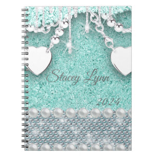 Monogram Name 2024 für Glitzer und Herz Bling Notizblock