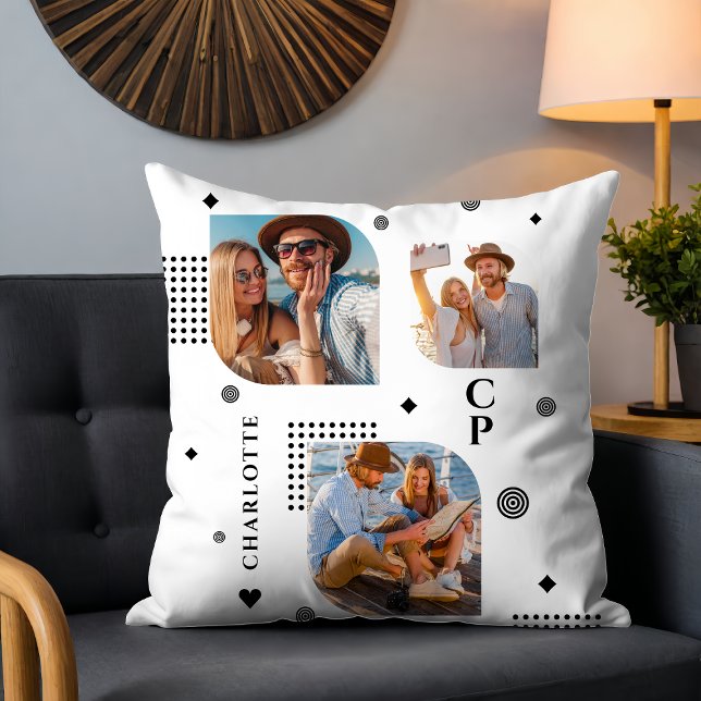 Monogram Name 3 Foto Collage Trendy Kissen (Von Creator hochgeladen)
