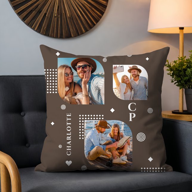 Monogram Name 3 Foto Collage Trendy Kissen (Von Creator hochgeladen)