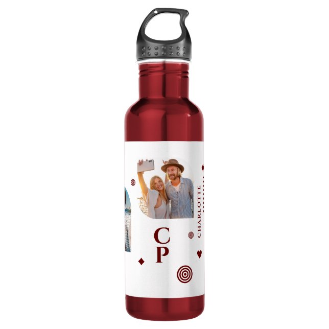 Monogram Name 3 Foto Collage Trendy Modern Edelstahlflasche (Vorderseite)