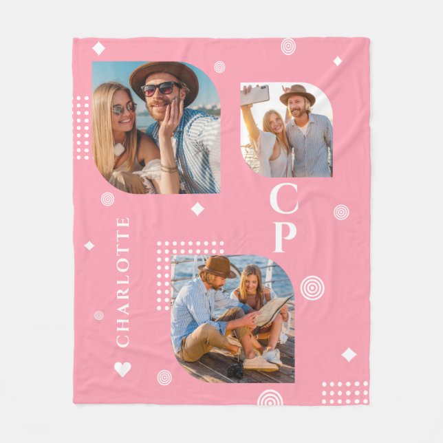 Monogram Name 3 Foto Collage Trendy Modern Fleecedecke (Vorderseite)