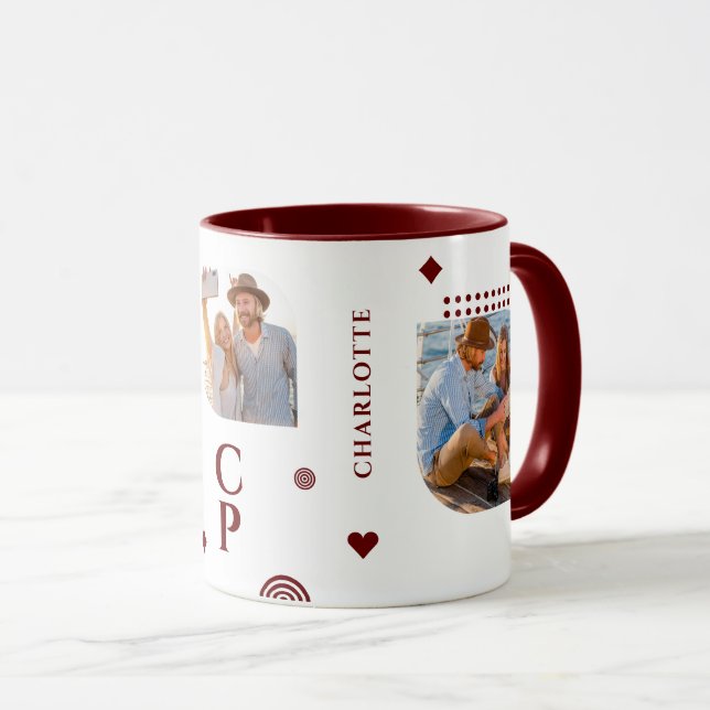 Monogram Name 3 Foto Collage Trendy Moderne Tasse (VorderseiteRechts)