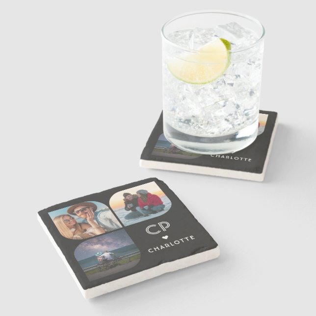 Monogram Name 3 Foto Modern Trendly Simple Steinuntersetzer (Seitenansicht)