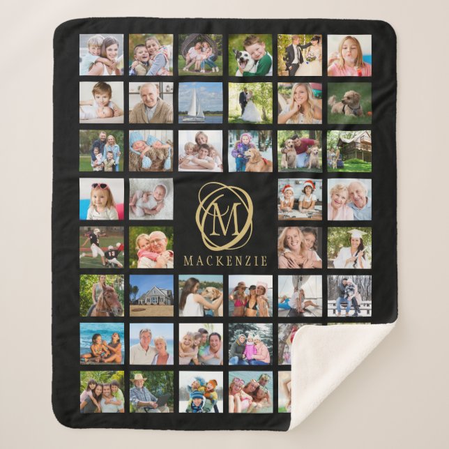 Monogram Name 44 Foto Collage Editable Black Gold Sherpadecke (Vorderseite)