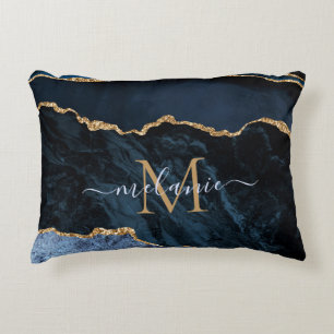 Monogram Name Agate Navy Blue Gold Edelstein Marmo Dekokissen