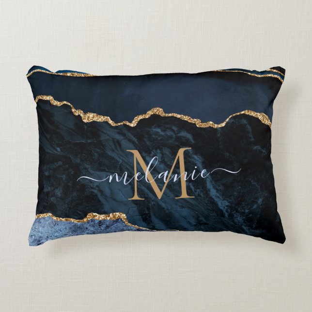 Monogram Name Agate Navy Blue Gold Edelstein Marmo Dekokissen (Vorderseite)
