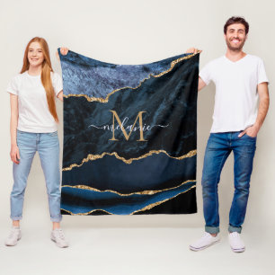 Monogram Name Agate Navy Blue Gold Edelstein Marmo Fleecedecke