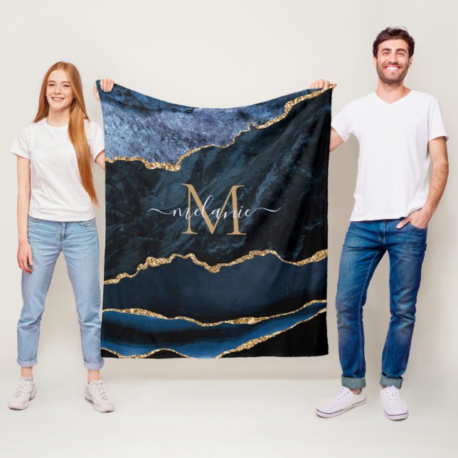 Monogram Name Agate Navy Blue Gold Edelstein Marmo Fleecedecke (Beispiel)