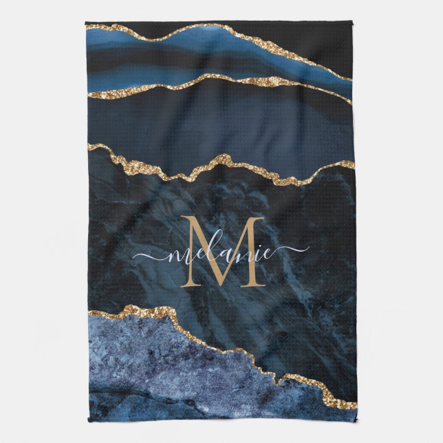 Monogram Name Agate Navy Blue Gold Edelstein Marmo Geschirrtuch (Vertikal)
